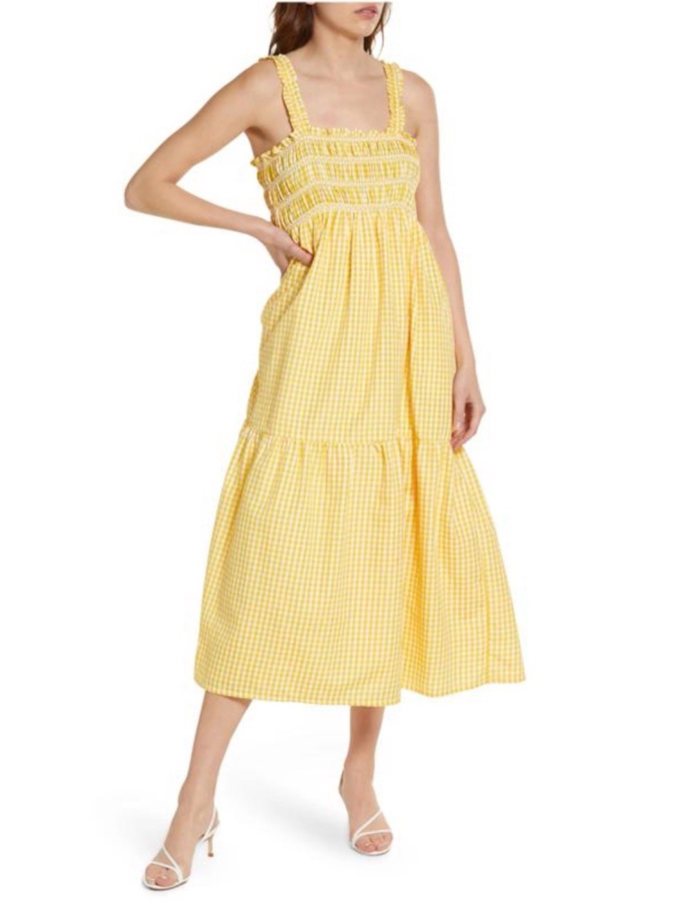 French Connection Yellow Gingham Smocked Midi Dress Size 6